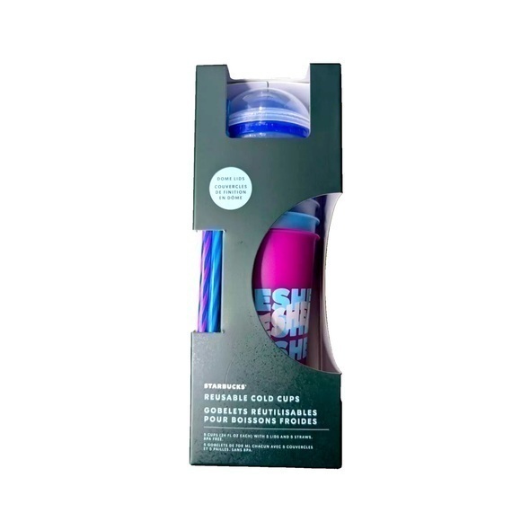 Starbucks Summer 2024 Printed Dome Lid Reusable Plastic Cold Cups Box Set x5 NEW - Picture 1 of 3